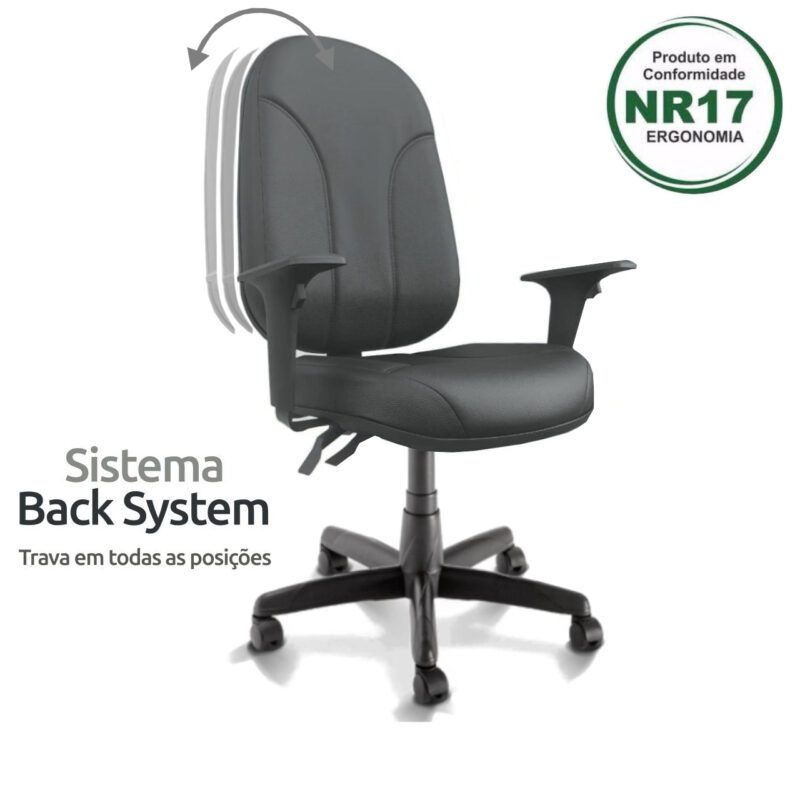 Cadeira Presidente PLUS BACK SYSTEM Baixa Costurada c/ Braços Reguláveis – Corino Preto 32974 MÓVEIS JINFLEX Presidente 3