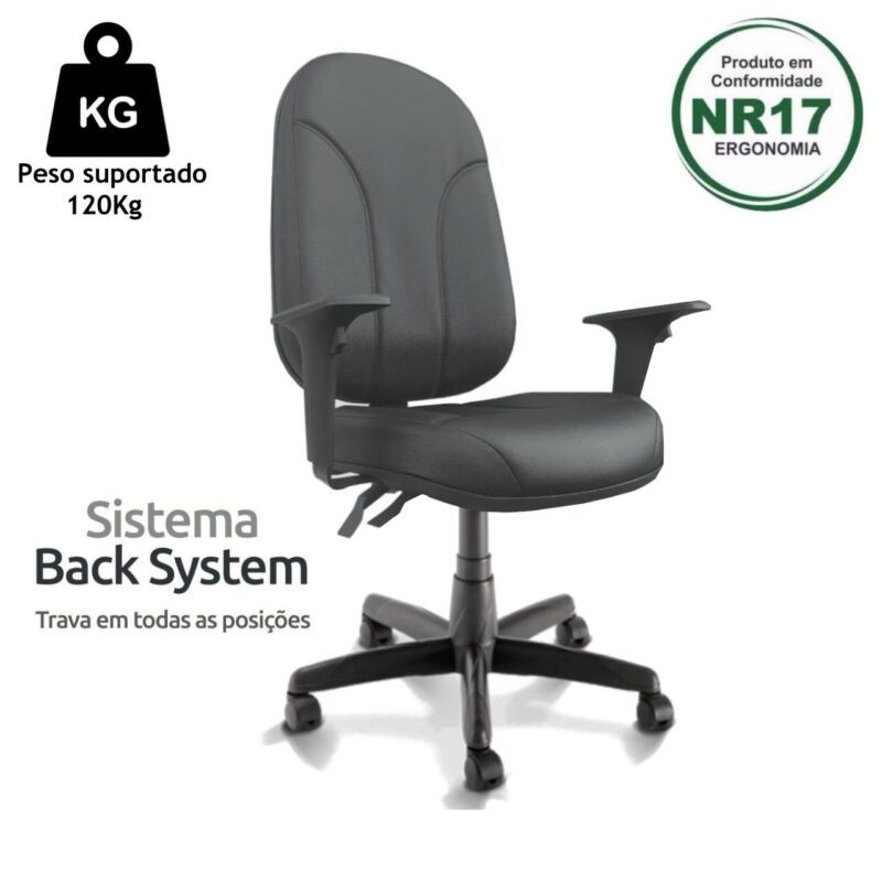 Cadeira Presidente PLUS BACK SYSTEM Baixa Costurada c/ Braços Reguláveis – Corino Preto 32974 MÓVEIS JINFLEX Presidente 4