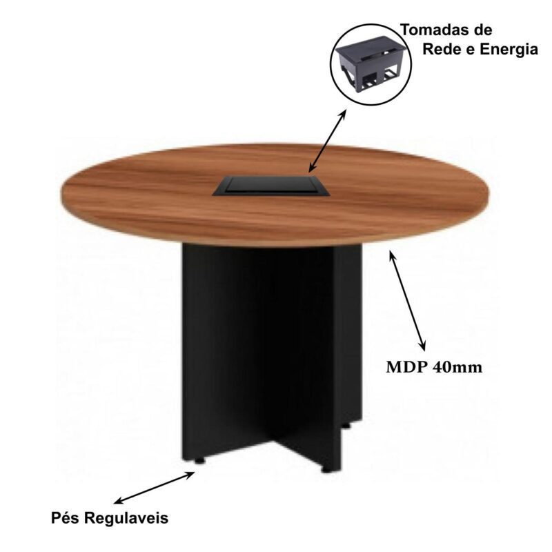 Mesa de Reunião Redonda c/ Caixa de Tomadas -1,10×1,10×0,74m – NOGAL SEVILHA / PRETO – 21418 MÓVEIS JINFLEX Mesa de Reunião 3