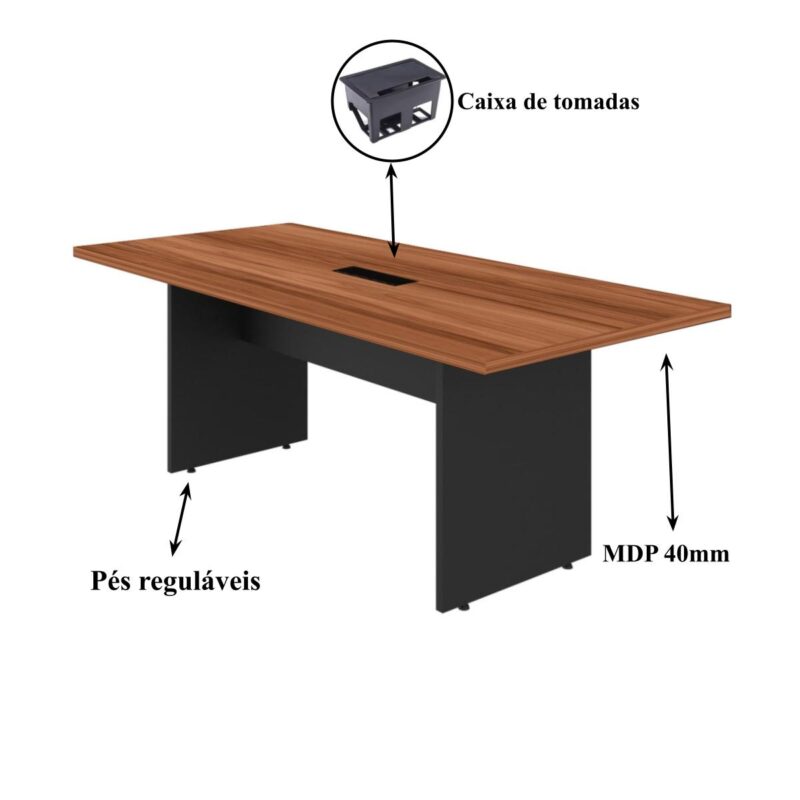 Mesa de Reunião 2,00×0,90m C/ Caixa de Tomada NOGAL SEVILHA/PRETO – 21403 MÓVEIS JINFLEX Mesa de Reunião 4