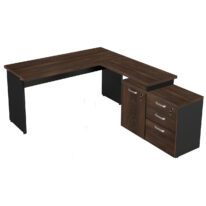 Mesa Escritório em “L” – 1,50×1,50m (Extensível) – com Armário Misto (03 Gav.) MARSALA/PRETO – 23482 MÓVEIS JINFLEX Linha 30 mm