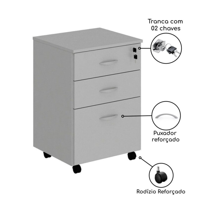 Gaveteiro Volante 03 Gav. 0,67×0,46×0,40m – Cor Cinza 21210 MÓVEIS JINFLEX JOB 15 mm 4