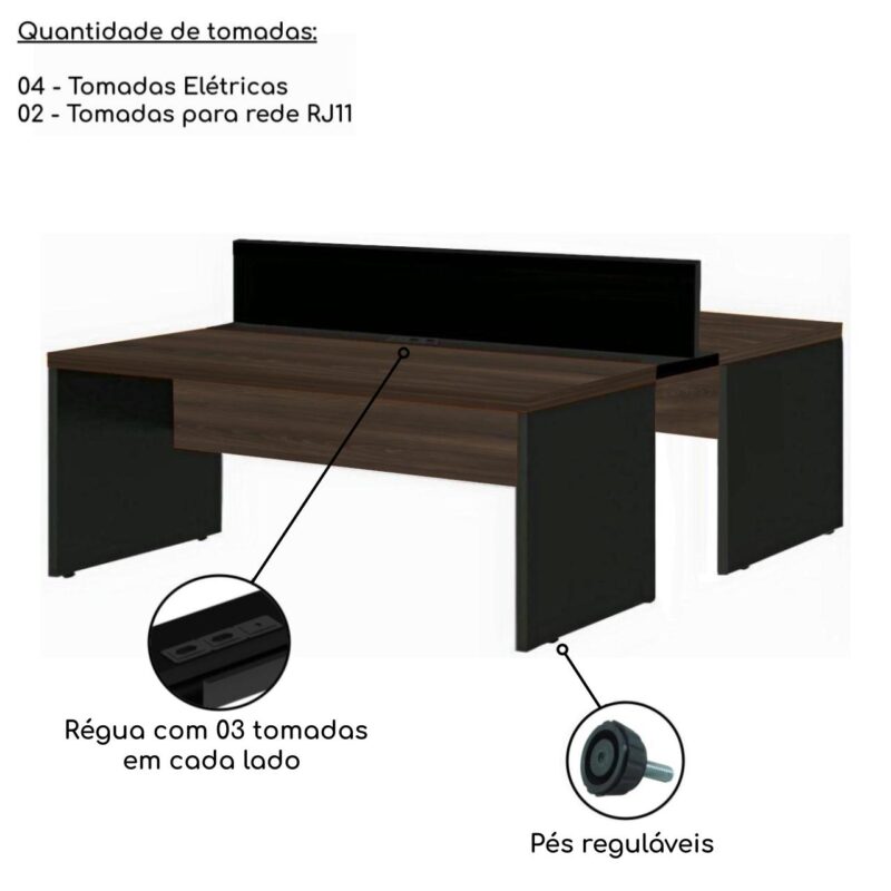 Estação de Trabalho Dupla 1,50×1,35m 02 Lugares s/ Gavetas c/ ponto de tomada MARSALA/PRETO – 63091 MÓVEIS JINFLEX Linha 30 mm 3