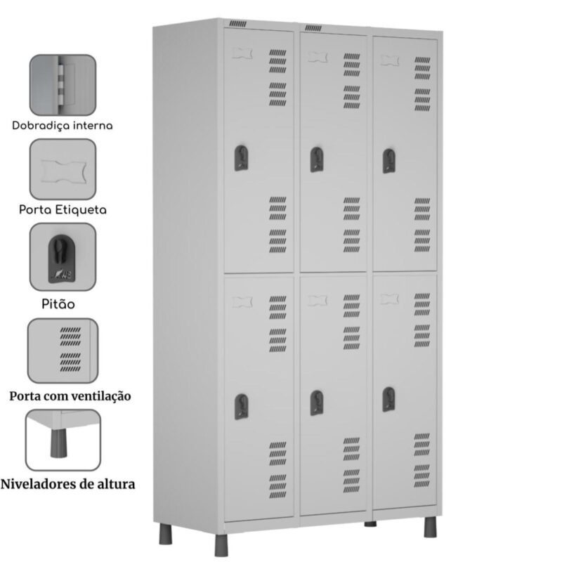 Roupeiro LOCKER de Aço c/ 06 PORTAS GRANDES – 1,90×0,96×0,40m – CZ/CZ – W3 – 11014 MÓVEIS JINFLEX Roupeiro de Aço 3