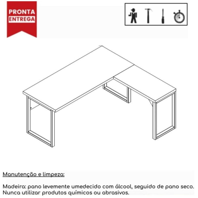 Mesa em L PÉ QUADRO (Mesa 1,70m + Mesa Auxiliar) – S/ Gavetas NOGAL SEVILHA/PRETO – 24478 MÓVEIS JINFLEX Linha 40 mm 3