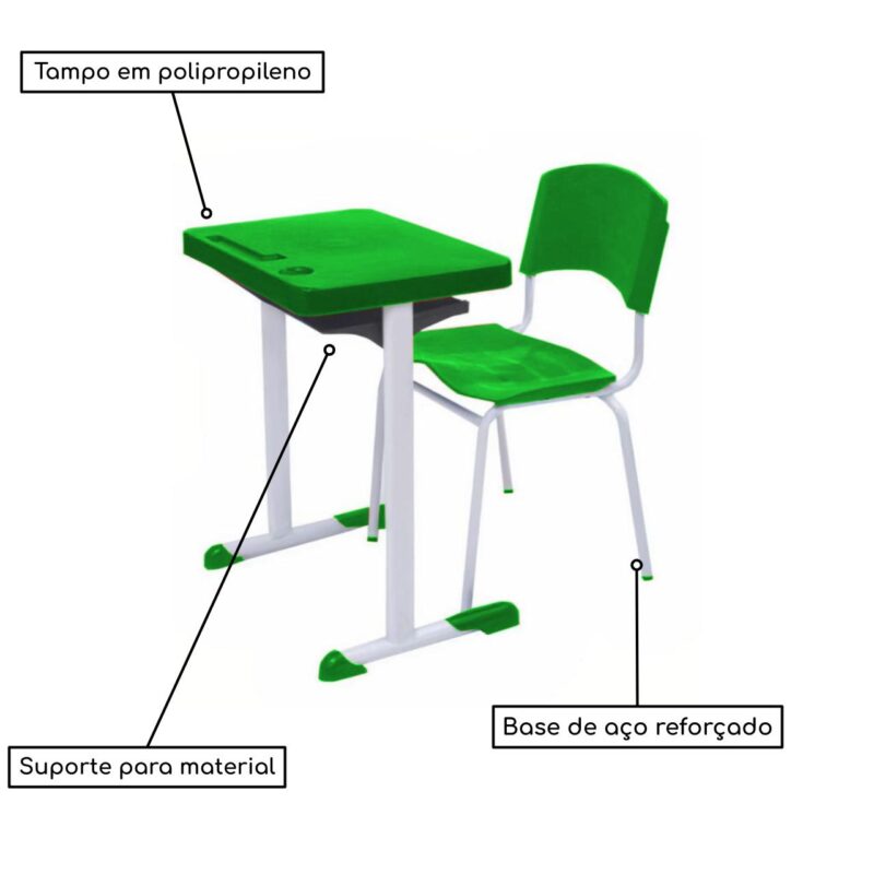 Kit Escolar Individual VERDE – (Mesa e Cadeira) – ADULTO – – COR VERDE – 40084 MÓVEIS JINFLEX Conjunto Escolar 4