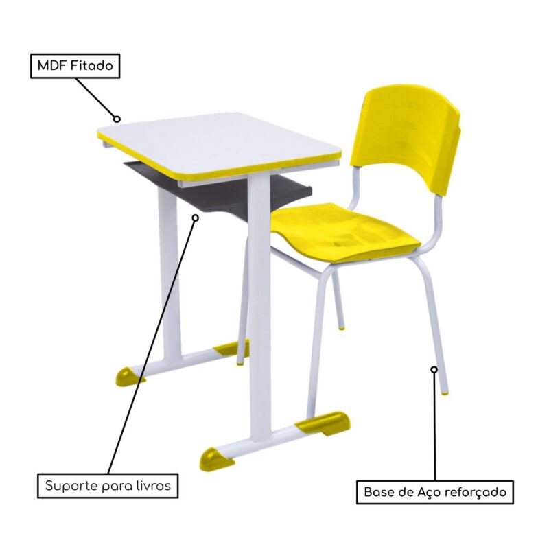 Kit Escolar Individual AMARELO – (Mesa e Cadeira) – ADULTO – MADEIRA – COR AMARELO – 40098 MÓVEIS JINFLEX Conjunto Escolar 4