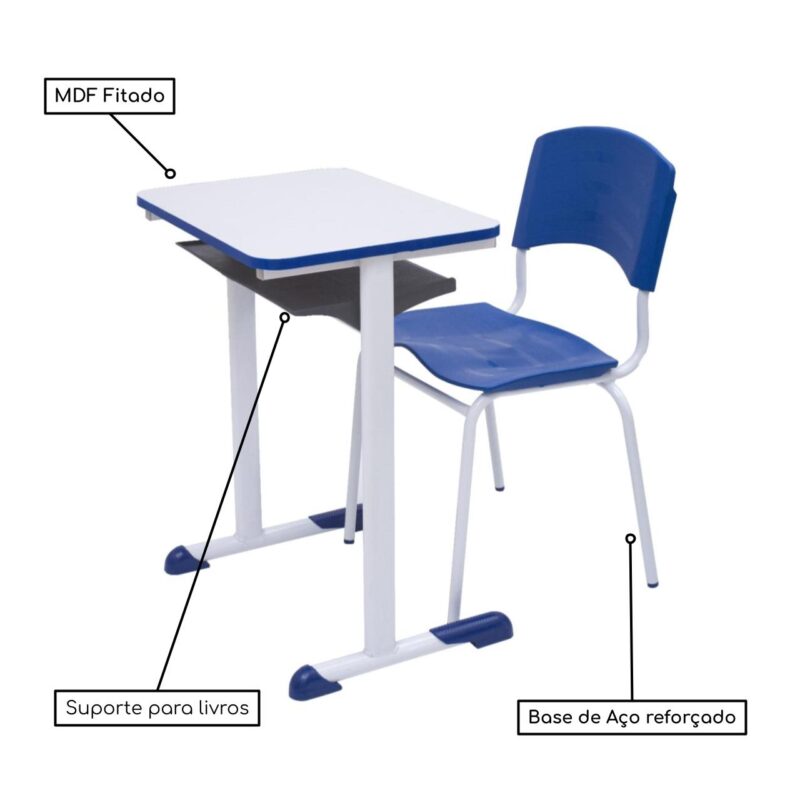 Kit Escolar Individual AZUL – (Mesa e Cadeira) – ADULTO – MADEIRA – COR AZUL – 40095 MÓVEIS JINFLEX Conjunto Escolar 4