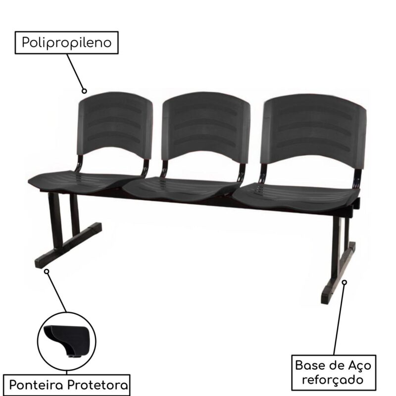 Kit 05 Cadeiras Longarinas PLÁSTICA 03 Lugares – Cor PRETO 33034 MÓVEIS JINFLEX Longarinas 4