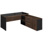 Mesa Diretorzinha c/ vidro c/ Aparador – Pé de MADEIRA – 1,90×1,50m – WORKSTART – MARSALA/PRETO – 23428 MÓVEIS JINFLEX Linha 30 mm 6