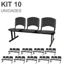 Kit 10 Cadeiras Longarinas PLÁSTICA 03 Lugares – Cor PRETO 33039 MÓVEIS JINFLEX Longarinas