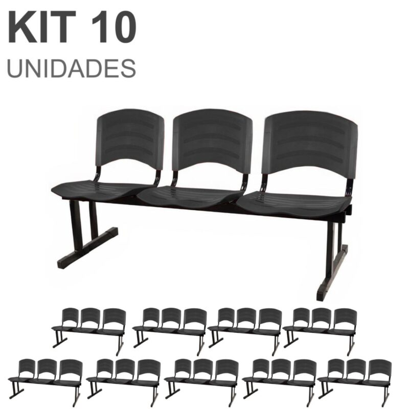 Kit 10 Cadeiras Longarinas PLÁSTICA 03 Lugares – Cor PRETO 33039 MÓVEIS JINFLEX Longarinas 2