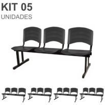 Kit 05 Cadeiras Longarinas PLÁSTICA 03 Lugares – Cor PRETO 33034 MÓVEIS JINFLEX Longarinas