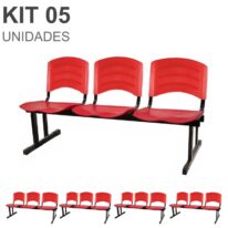 Kit 05 Cadeiras Longarinas PLÁSTICAS 03 Lugares – Cor Vermelho 33043 MÓVEIS JINFLEX Longarinas