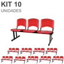 Kit 10 Cadeiras Longarinas PLÁSTICAS 03 Lugares – Cor Vermelho 33048 MÓVEIS JINFLEX Longarinas