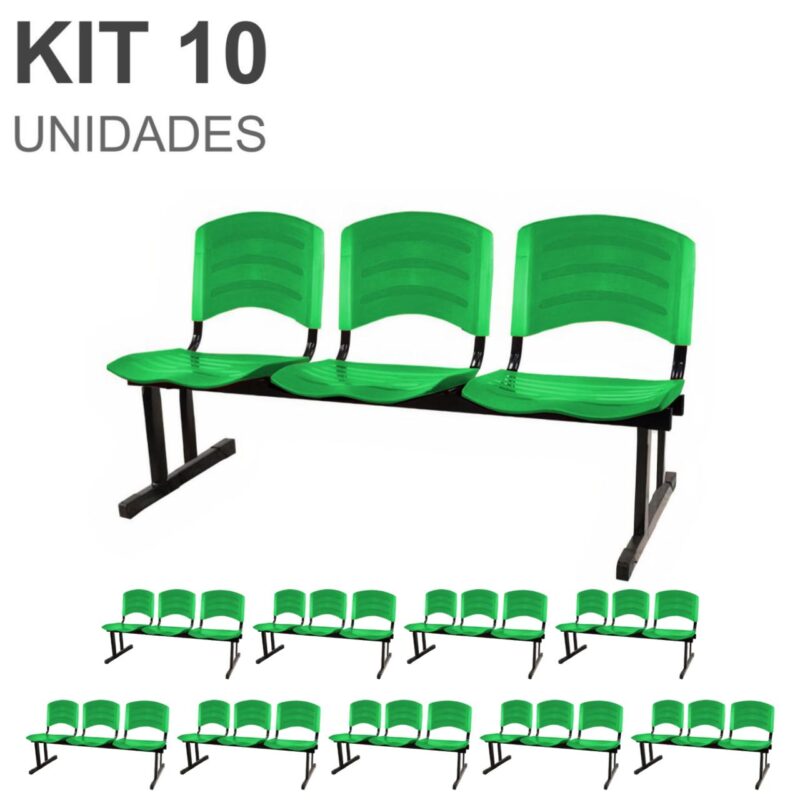 Kit 10 Cadeiras Longarinas PLÁSTICAS 03 Lugares – Cor Verde 33066 MÓVEIS JINFLEX Longarinas 2