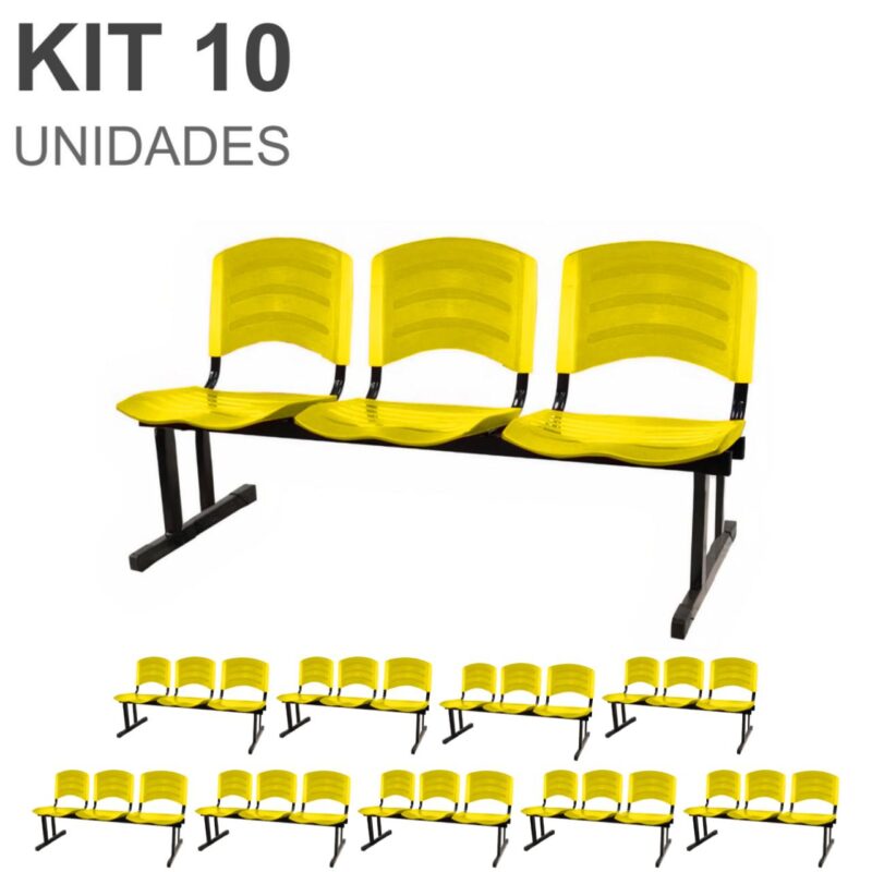 Kit 10 Cadeiras Longarinas PLÁSTICAS 03 Lugares – Cor Amarelo 33085 MÓVEIS JINFLEX Longarinas 2