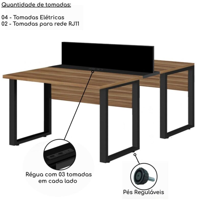 Estação de Trabalho Dupla 1,20×1,35m 02 Lugares s/ Gavetas c/ ponto de tomada PÉ QUADRO – Cor Nogal Sevilha – 63096 MÓVEIS JINFLEX Linha 40 mm 4