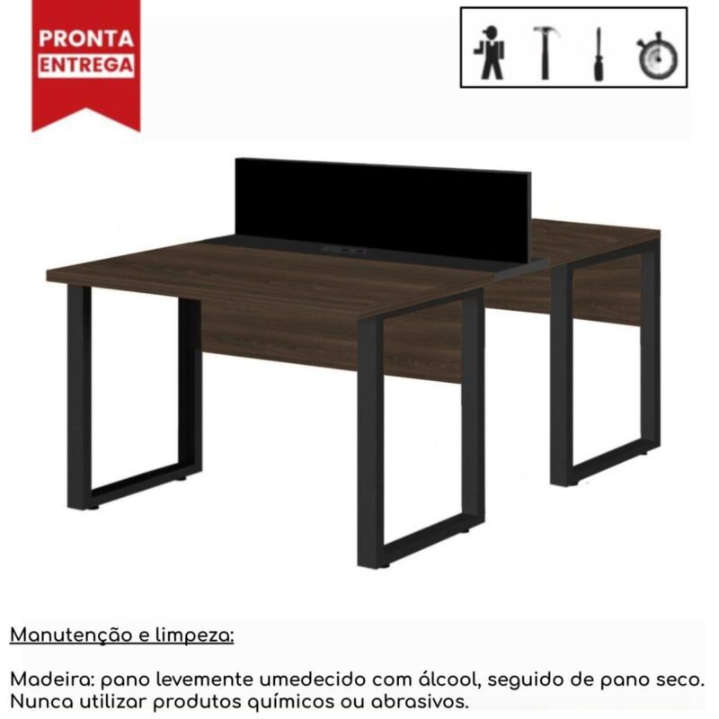 Mesa Estação de Trabalho Dupla 1,50×1,35m 2 Lugares s/ Gavetas c/ ponto de tomada PÉ QUADRO MARSALA/PRETO – 64002 MÓVEIS JINFLEX Linha 30 mm 4