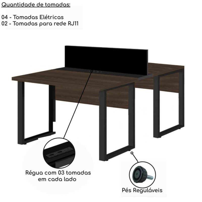 Mesa Estação de Trabalho Dupla 1,50×1,35m 2 Lugares s/ Gavetas c/ ponto de tomada PÉ QUADRO MARSALA/PRETO – 64002 MÓVEIS JINFLEX Linha 30 mm 5