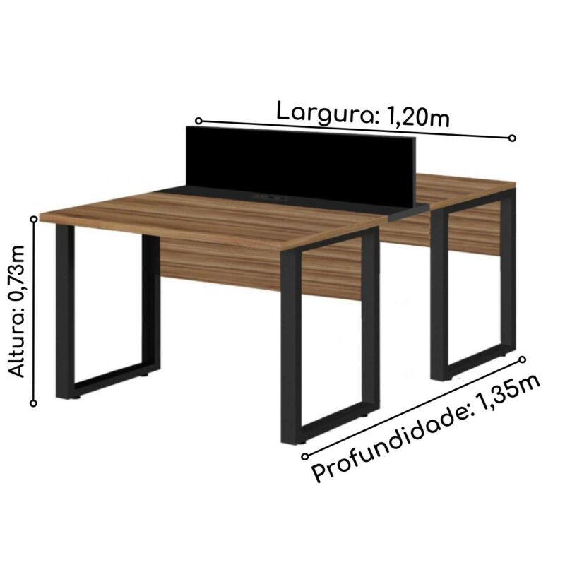 Estação de Trabalho Dupla 1,20×1,35m 02 Lugares s/ Gavetas c/ ponto de tomada PÉ QUADRO – Cor Nogal Sevilha – 63096 MÓVEIS JINFLEX Linha 40 mm 5