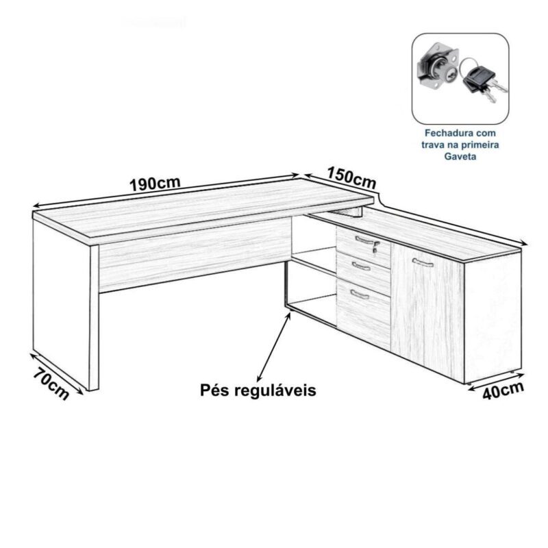 Mesa Diretorzinha c/ vidro c/ Aparador – Pé de MADEIRA – 1,90×1,50m – WORKSTART – MARSALA/PRETO – 23428 MÓVEIS JINFLEX Linha 30 mm 3