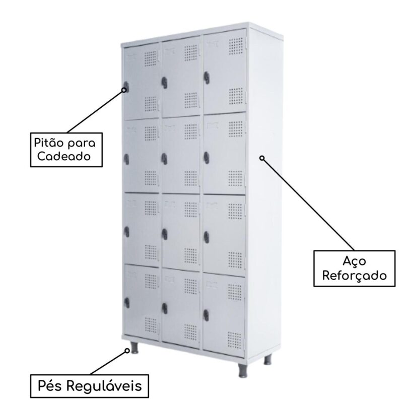 Armário Roupeiro de Aço c/ 12 Portas PEQUENAS – 1,95×0,92×0,40m – SA – CZ/CZ – 14001 MÓVEIS JINFLEX Roupeiro de Aço 3