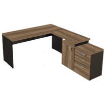 Mesa Escritório em “L” – 1,50×1,50m (Extensível) – com Armário Misto (03 Gav.) NOGAL/SEVILHA – 20603 MÓVEIS JINFLEX Linha 40 mm