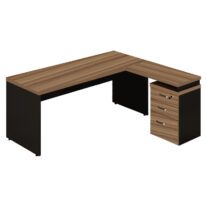 Mesa Escritório em “L” c/ Gaveteiro 1,50×1,50m NOGAL SEVILHA/PRETO – 21416 MÓVEIS JINFLEX Linha 40 mm