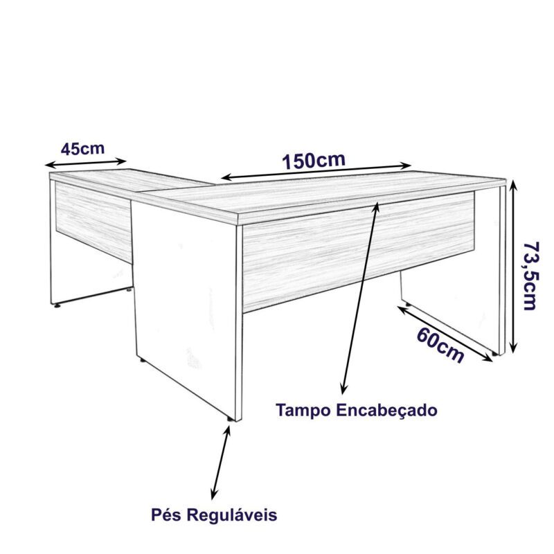 Mesa de Escritório em L com Gavetas – Mesa 1,50m + Mesa Auxiliar NOGAL SEVILHA/PRETO – 21477 MÓVEIS JINFLEX Linha 40 mm 3