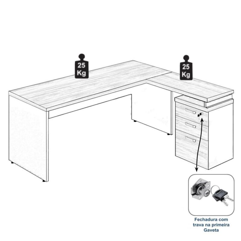 Mesa Escritório em “L” c/ Gaveteiro 1,70×1,60m NOGAL SEVILHA/PRETO – 21423 MÓVEIS JINFLEX Linha 40 mm 7