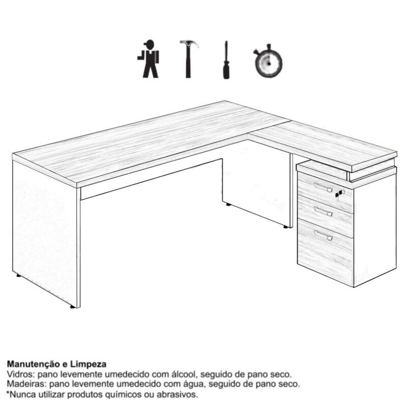 Mesa Escritório em “L” c/ Gaveteiro 1,70×1,60m NOGAL SEVILHA/PRETO – 21423 MÓVEIS JINFLEX Linha 40 mm 8