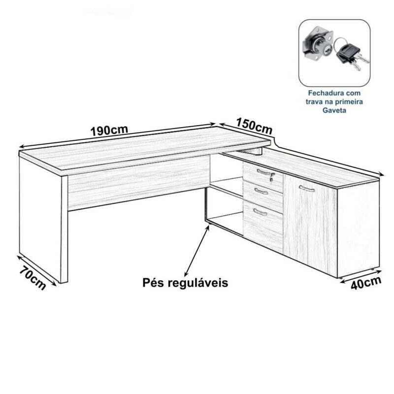 Mesa Escritório Diretorzinha c/ Aparador – Pé de MADEIRA – 1,90×1,60m MARSALA / PRETO / PRETO – 23487 MÓVEIS JINFLEX Linha 30 mm 3